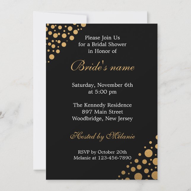 Invitación Ducha Bridal De Puntos Negros Y Oro De Moda (Reverso)