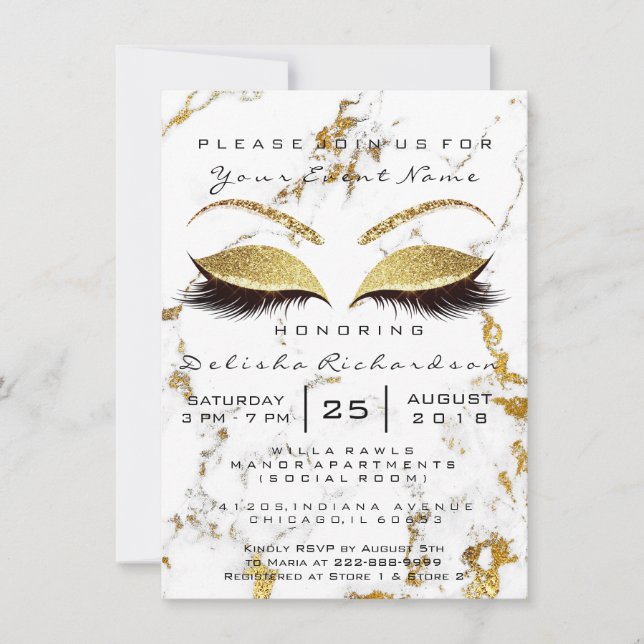 Invitación Ducha Bridal Dulce 16º Ojos Maquillaje Mármol Oro (Anverso)