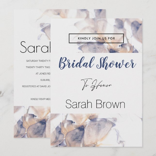 INVITACIÓN DUCHA BRIDAL ELEGANTE DE FLORES DE PATELES BLANCOS (Anverso / Reverso)