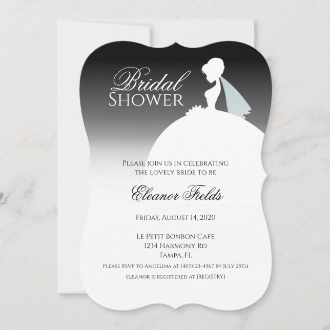 Invitación Ducha Bridal Elegante De Vestido Blanco Y Negro (Anverso)