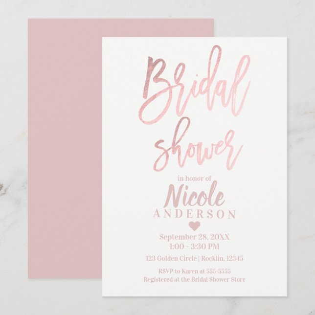 Invitación DUCHA BRIDAL Elegante Rosa Relieve metalizado dora (Anverso / Reverso)