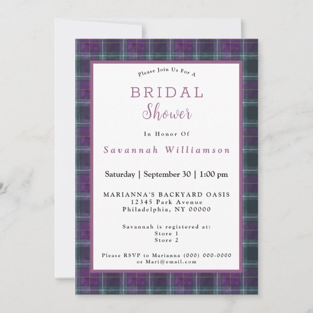 Invitación Ducha Bridal Escocesa Morada Verde Tartán (Anverso)