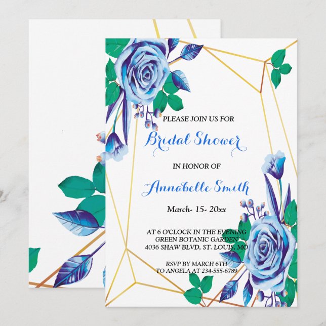 Invitación DUCHA BRIDAL floral azul geométrica de marco dorad (Anverso / Reverso)