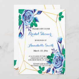 Invitación DUCHA BRIDAL floral azul geométrica de marco dorad