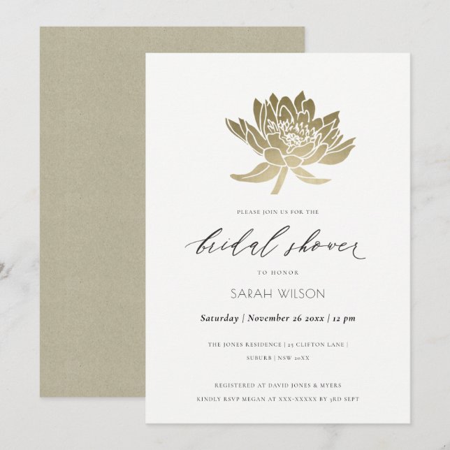 INVITACIÓN DUCHA BRIDAL FLORAL DE LOTUS BLANCO DE ORO GLAMORO (Anverso / Reverso)