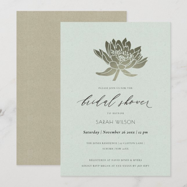 INVITACIÓN DUCHA BRIDAL GLAMOROSA PALE BLUE SILVER LOTUS (Anverso / Reverso)