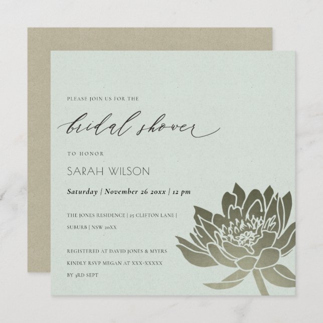 INVITACIÓN DUCHA BRIDAL GLAMOROSA PALE BLUE SILVER LOTUS (Anverso / Reverso)