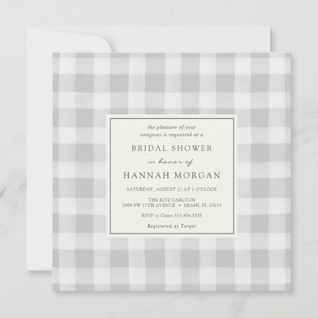 Invitación Ducha Bridal Gris Buffalo Plaid (Anverso)