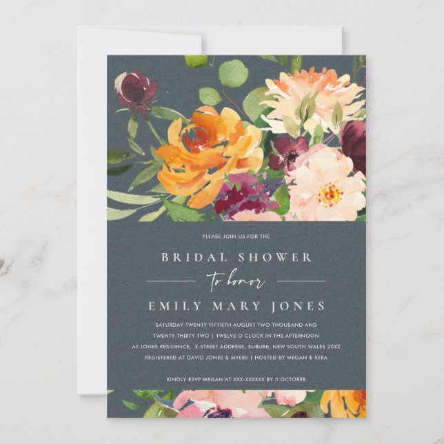 INVITACIÓN DUCHA BRIDAL GRIS DE LA FLORAL DE NARANJA AMARILLO (Anverso)