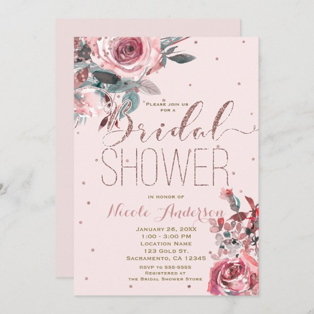 Invitación DUCHA BRIDAL moderna con flores de oro rosa rosado (Anverso / Reverso)