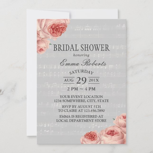Invitación Ducha Bridal Musical Elegante Floral (Anverso)
