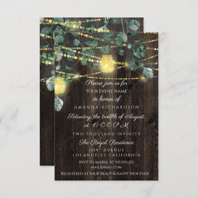 Invitación Ducha Bridal Sweet 16 Jars de Madera Luz Eucaliptu (Anverso / Reverso)