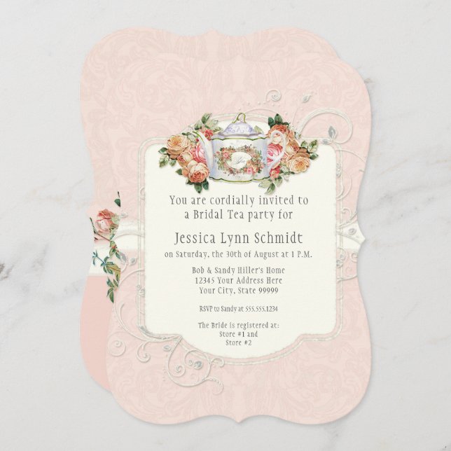 Invitación Ducha Bridal Vintage Elegante Rosa Floral (Anverso / Reverso)