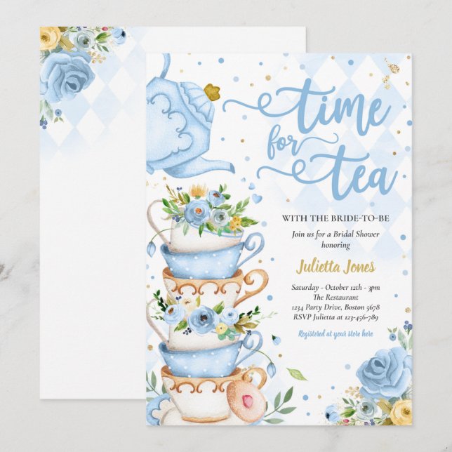 Invitación Ducha Británica Té Fiesta Floral Azul Y Oro (Anverso / Reverso)