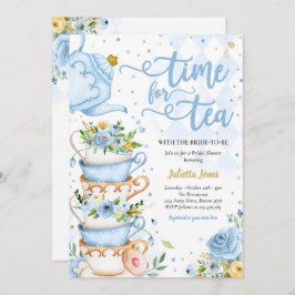 Invitación Ducha Británica Té Fiesta Floral Azul Y Oro