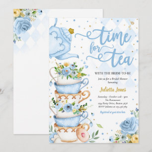 Invitación Ducha Británica Té Fiesta Floral Azul Y Oro