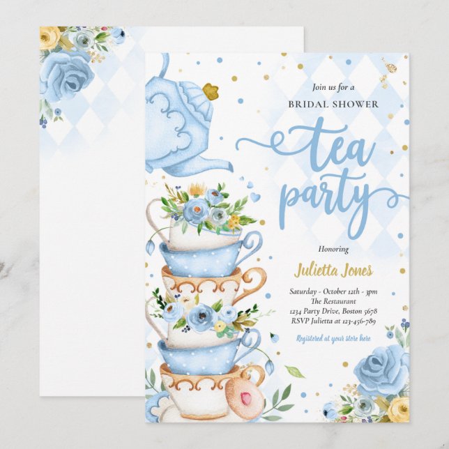 Invitación Ducha Británica Té Fiesta Floral Azul Y Oro (Anverso / Reverso)