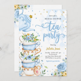 Invitación Ducha Británica Té Fiesta Floral Azul Y Oro