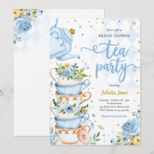 Invitación Ducha Británica Té Fiesta Floral Azul Y Oro