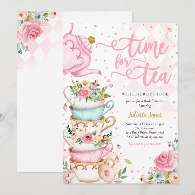 Invitación Ducha Británica Té Fiesta Floral Rosa Y Oro (Anverso / Reverso)