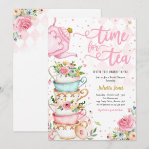 Invitación Ducha Británica Té Fiesta Floral Rosa Y Oro