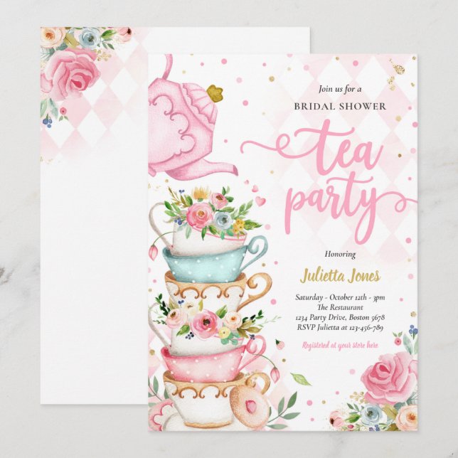 Invitación Ducha Británica Té Fiesta Floral Rosa Y Oro (Anverso / Reverso)