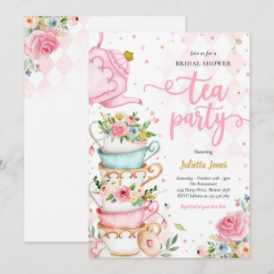Invitación Ducha Británica Té Fiesta Floral Rosa Y Oro