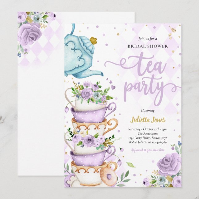 Invitación Ducha Británica Té Fiesta Morado Y Dorado Floral (Anverso / Reverso)