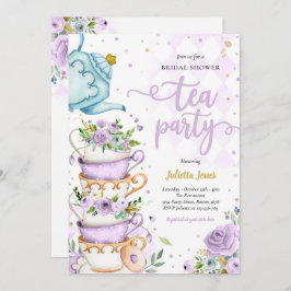 Invitación Ducha Británica Té Fiesta Morado Y Dorado Floral