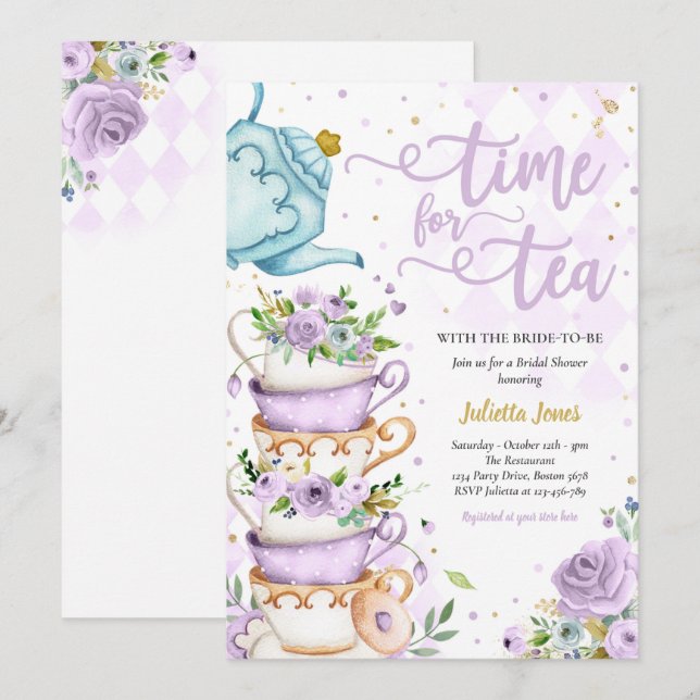Invitación Ducha Británica Té Fiesta Morado Y Dorado Floral (Anverso / Reverso)
