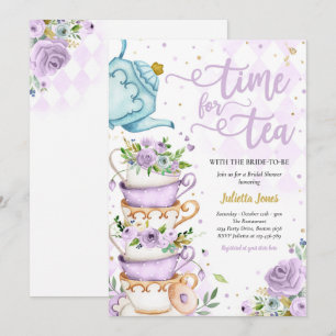 Invitación Ducha Británica Té Fiesta Morado Y Dorado Floral