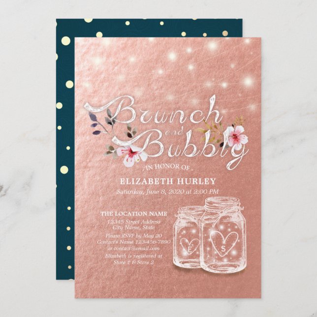 Invitación Ducha Brunch & Bubbly Bridal Mason Jars Rosa Gold (Anverso / Reverso)