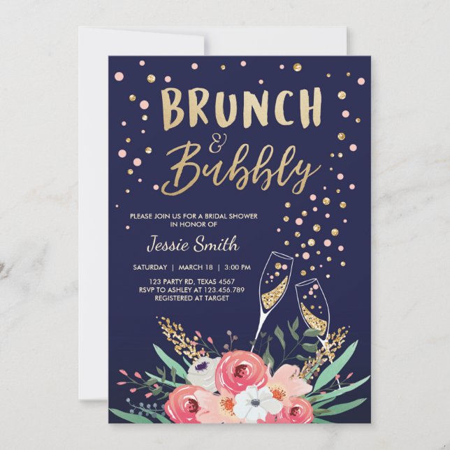 Invitación Ducha Brunéi Bubbly Bridal Champán Oro Rosa (Anverso)