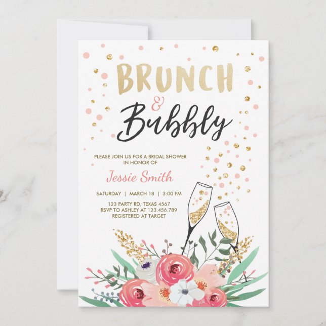 Invitación Ducha Brunéi Bubbly Bridal Champán Oro Rosa (Anverso)