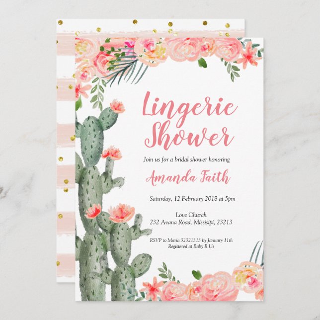 Invitación Ducha Cactus Floral Lingerie Mexicana (Anverso / Reverso)