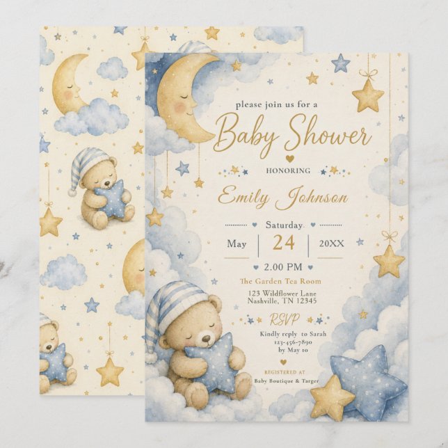 Invitación Ducha Celestial de Osito de Peluche (Anverso / Reverso)