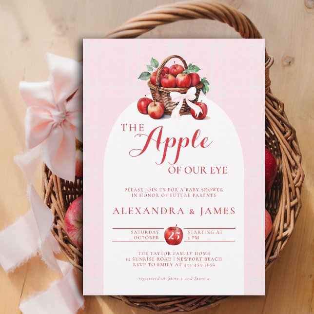 Invitación Ducha Chica de la caída de la pareja de la cosecha (fall baby shower invitation apple of our eye girl watercolor rustic elegant coed couple pink bow)