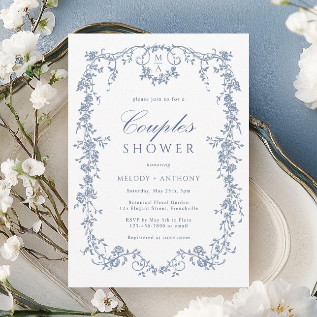 Invitación Ducha clásica francesa azul floral (Subido por el creador)