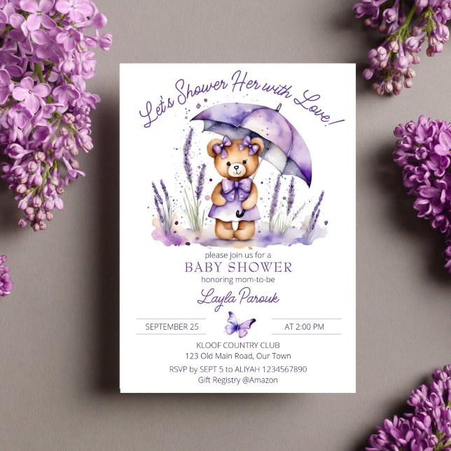 Invitación Ducha con amor lindo oso de peluche ducha bebé (Shower with love cute teddy bear purple dress umbrella baby shower template invitation digital downl)