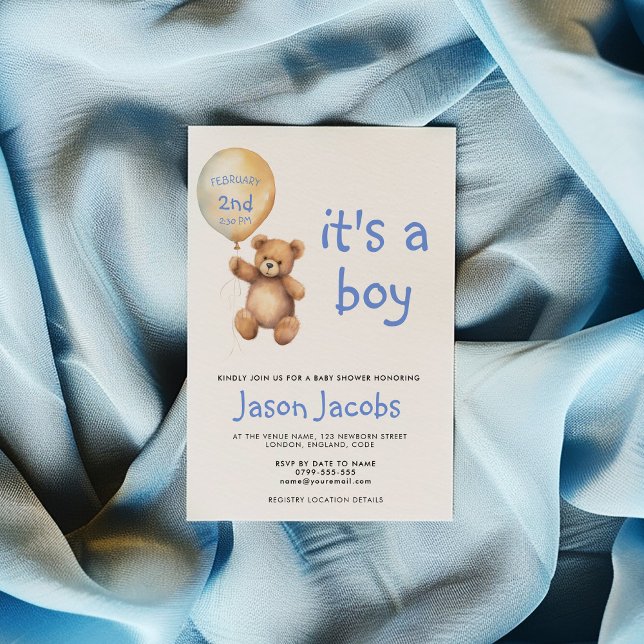 Invitación Ducha con globo flotante de oso de peluche (Cute teddy bear floating balloon baby shower invitation, with space for you to add the date and time)