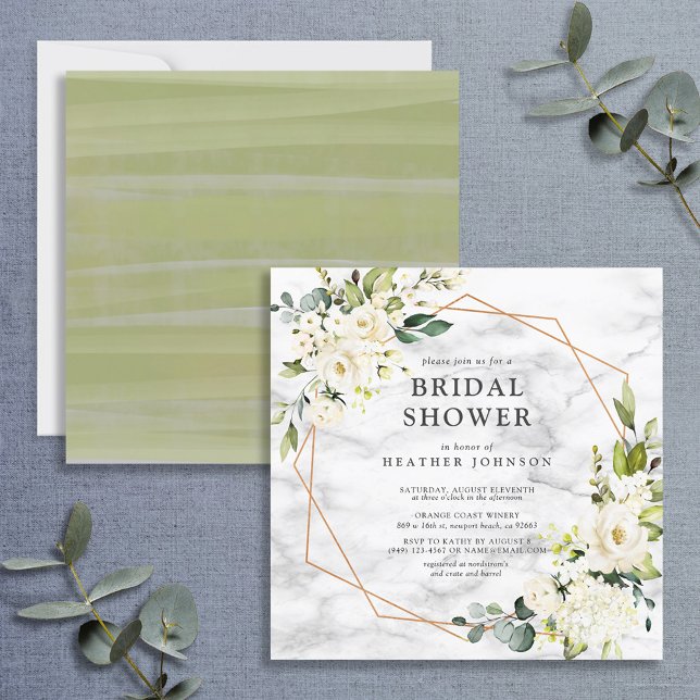 Invitación Ducha Cuadrada de Flora Blanca Geométrica de Mármo (Subido por el creador)