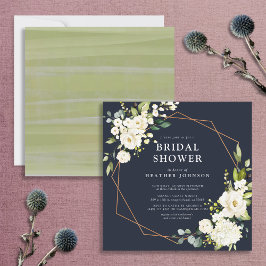 Invitación Ducha cuadrada floral blanca geométrica de cobre