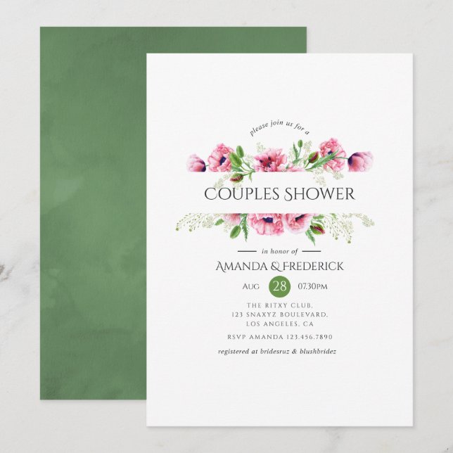 Invitación Ducha de Acuarela de Amapolas Rosas para Parejas (Anverso / Reverso)