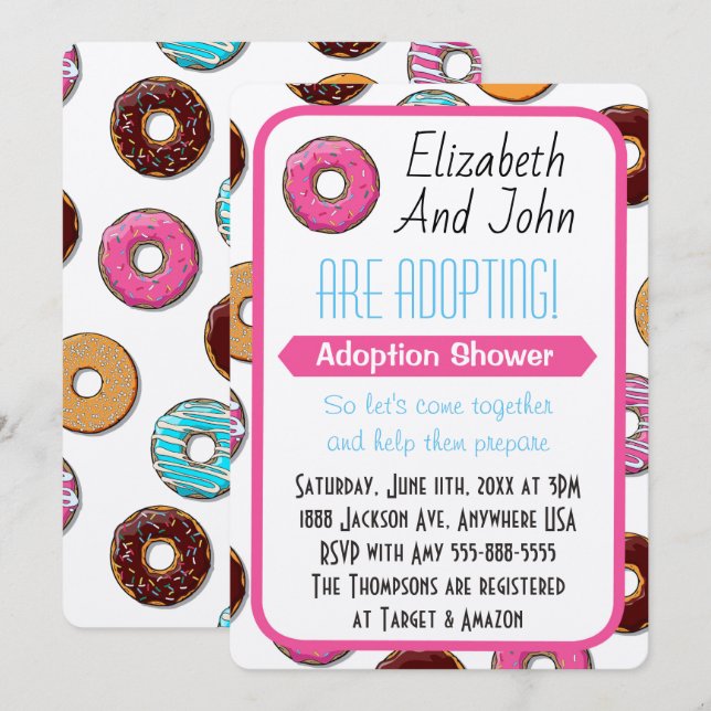 Invitación Ducha de adopción Fiesta moderno de donut rosado (Anverso / Reverso)
