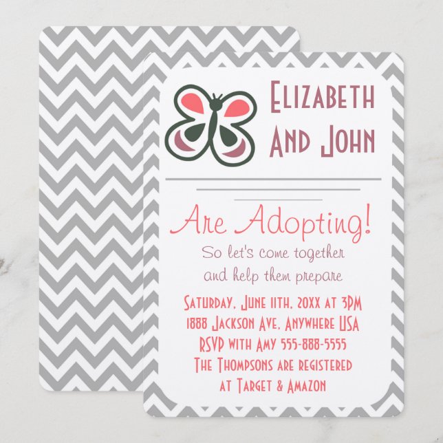 Invitación Ducha de adopción mariposa moderna de Chevron rosa (Anverso / Reverso)
