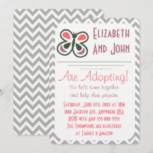 Invitación Ducha de adopción mariposa moderna de Chevron rosa