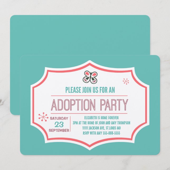 Invitación Ducha de adopción Mariposa rosa y azul moderna (Anverso / Reverso)