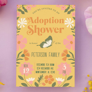 Invitación Ducha de adopción retro colorida de flores en el j
