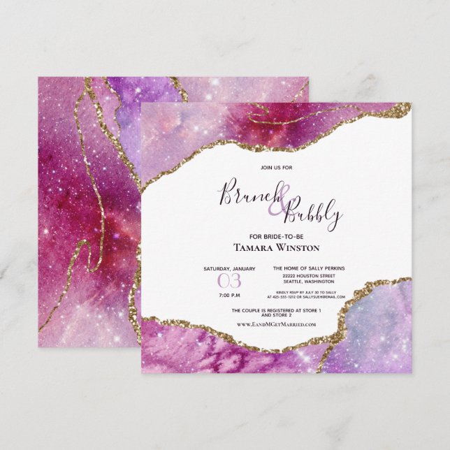 Invitación Ducha de Agante de Oro Púrpura de Brunch & Bubbly (Anverso / Reverso)