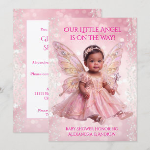 Invitación Ducha de Ángel Bebé Rosa Dorado Alas de Hada Étnic